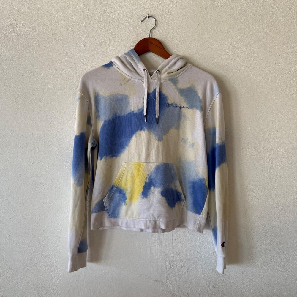Champion Tie Dye Hoodie Pullover Blue Yellow White Short Fit Unisex Size Medium‎